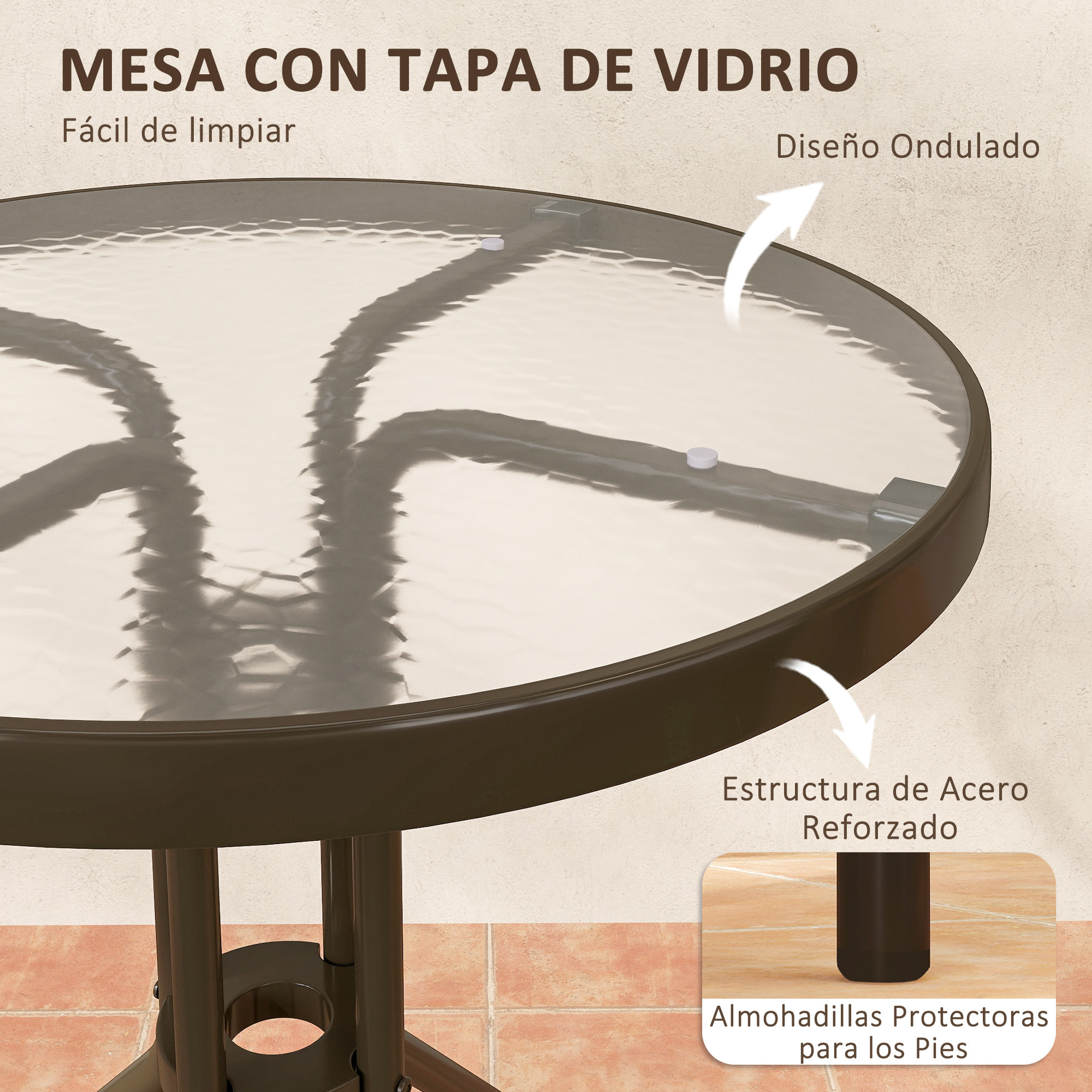 Conjunto Jardín Exterior de 3 Piezas Juego de Muebles de Jardín con 2 Sillas Apilables Mesa con Encimera de Vidrio Templado y Estructura de Acero para Terraza Patio Balcón Marrón Oscuro