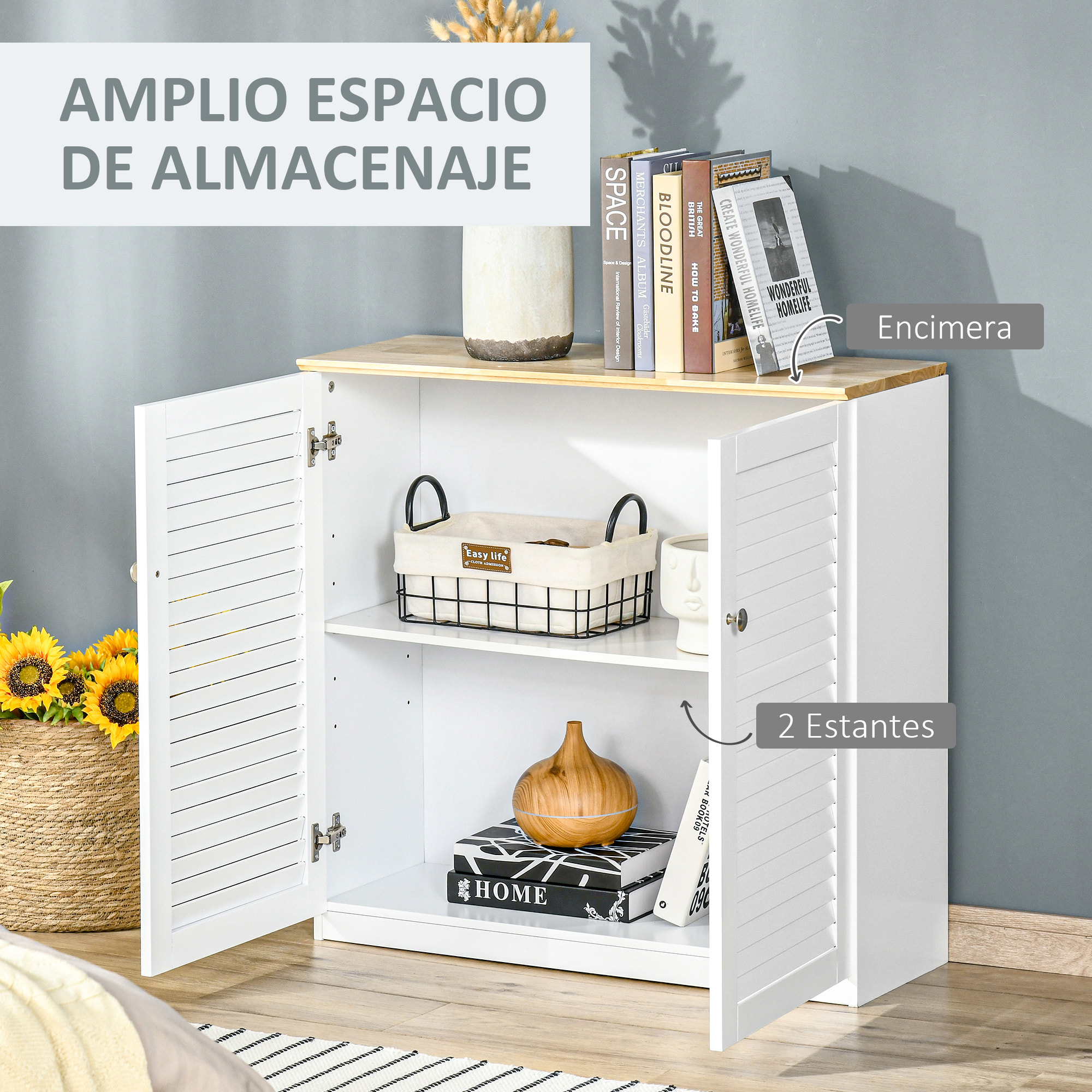 HOMCOM Aparador de 2 Puertas Diseño de Persiana con Estante Ajustable Armario Auxiliar de Almacenaje Moderno para Salón Dormitorio 80x30x78,5 cm Blanco