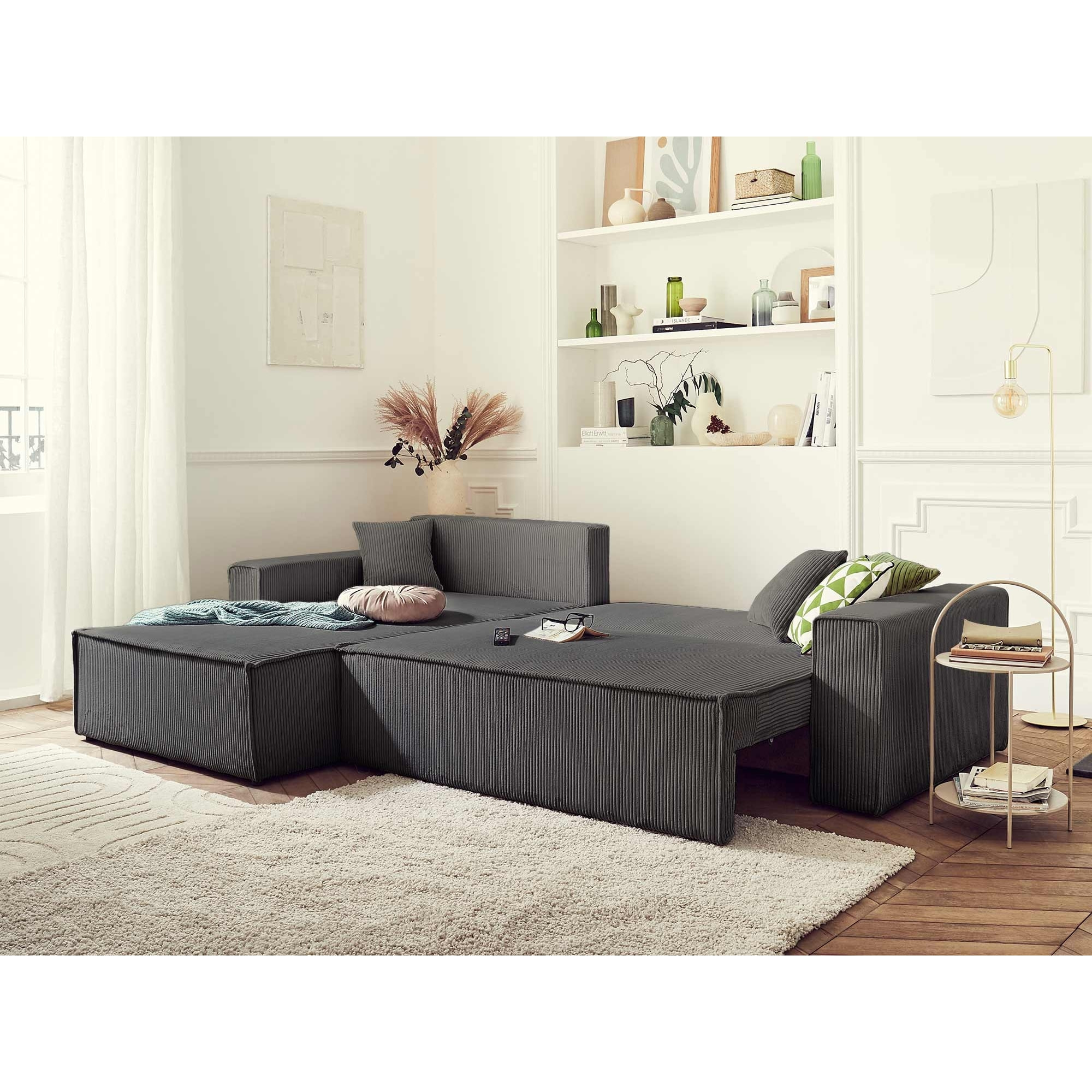 Dellia - canapé d'angle réversible convertible - avec coffre - en velours côtelé - 4 places - Gris foncé
