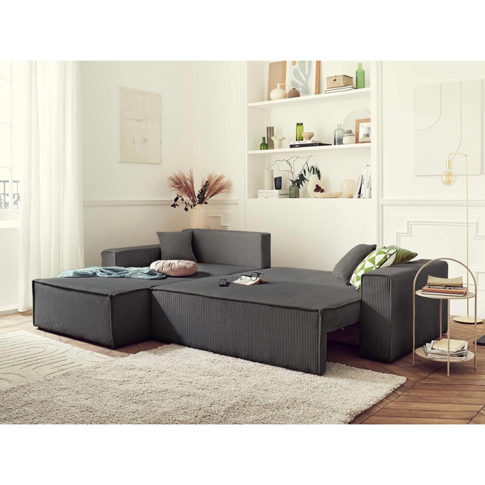 Dellia - canapé d'angle réversible convertible - avec coffre - en velours côtelé - 4 places - Gris foncé