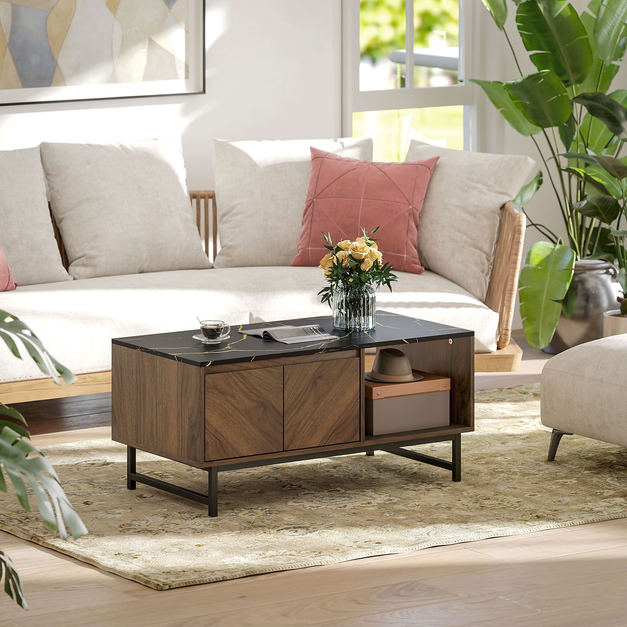 Table basse, table de salon avec plateau effet marbre, 2 portes et 2 compartiments ouverts, cadre en acier, 100 x 50,8 x 45,7 cm
