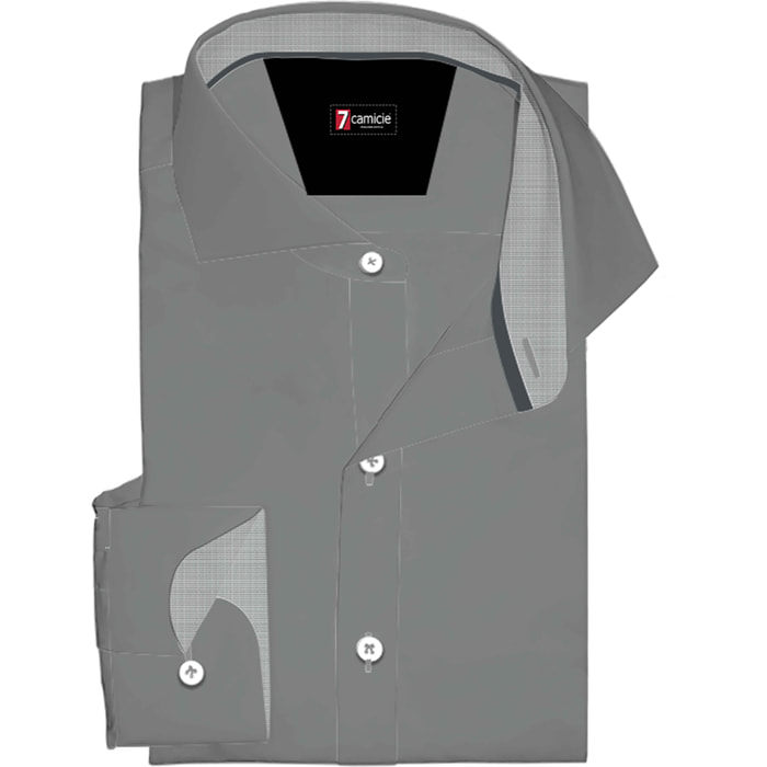 Camicia Uomo 1 Bottone Francese Slim Popeline Stretch Unito Grigio Medio