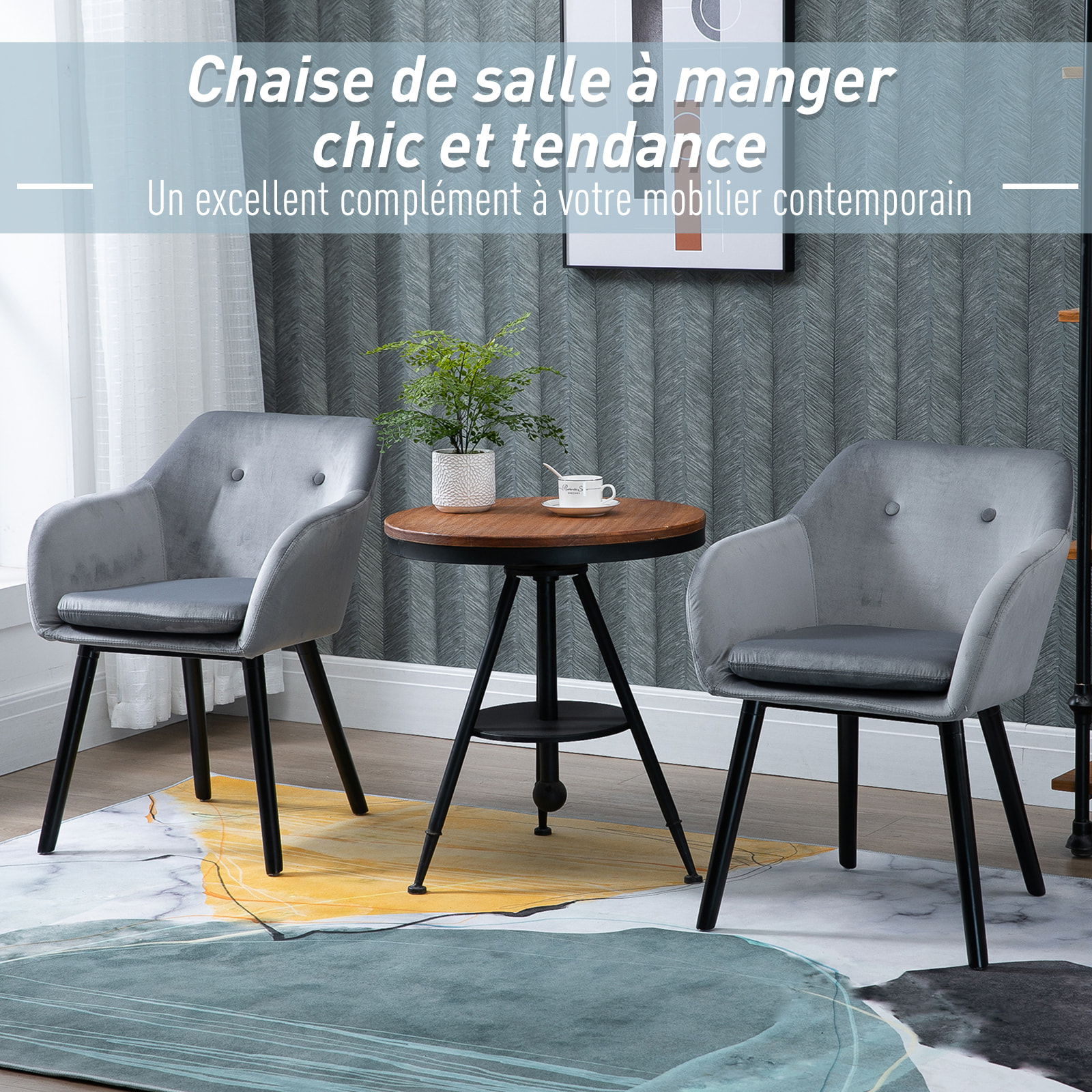 Chaises de visiteur design scandinave - lot de 2 chaises - pieds effilés bois noir - assise dossier accoudoirs ergonomiques velours gris