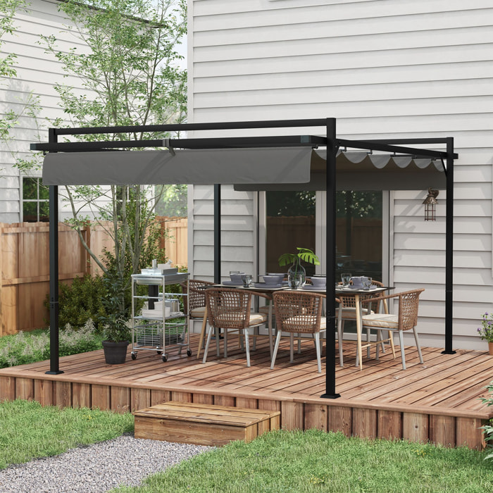 Pérgola 3x4 m Gazebo Cenador de Jardín con Techo Retráctil de Poliéster y 12 Orificios de Drenaje Pérgola para Patio Terraza Exterior Gris Oscuro