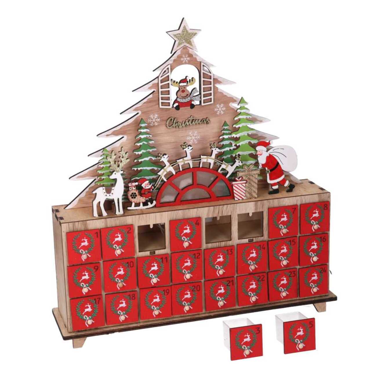 Calendario dell'avvento in legno led albero rosso cm31x8h34,5