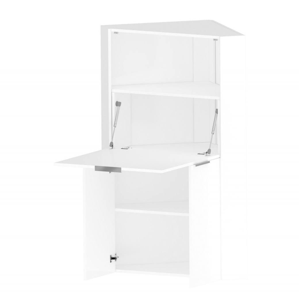 Scrivania ad angolo con piano nascosto, Made in Italy, Mobile con scaffali e piano da lavoro, Armadio salvaspazio, cm 70x57h140, colore Bianco lucido