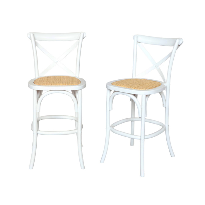 Lot de 2 tabourets de bar bistrot vintage en bois blanc avec repose-pieds