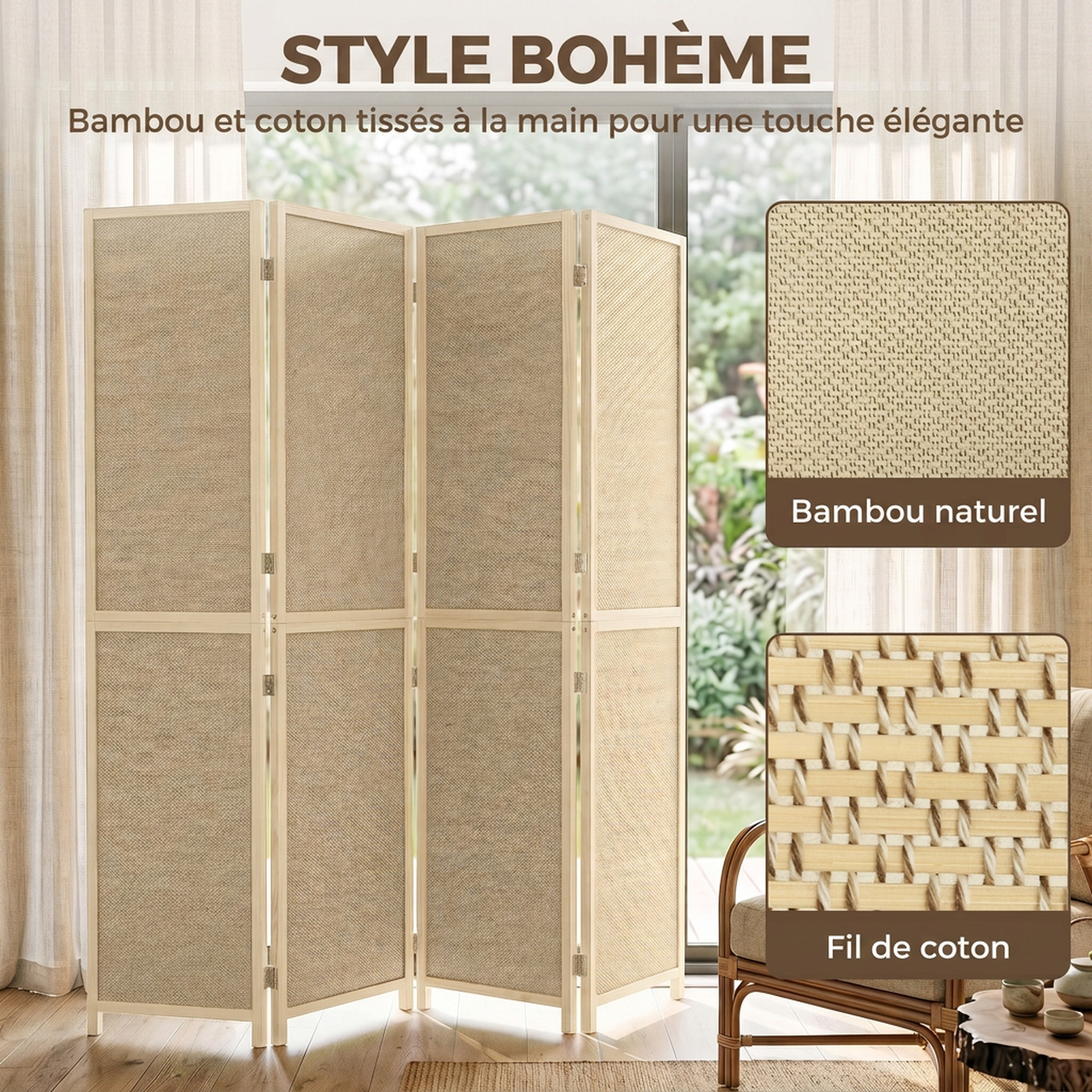 Paravent intérieur style bohème bois bambou 4 panneaux pliables séparateur de pièce