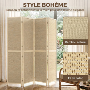 Paravent intérieur style bohème bois bambou 4 panneaux pliables séparateur de pièce