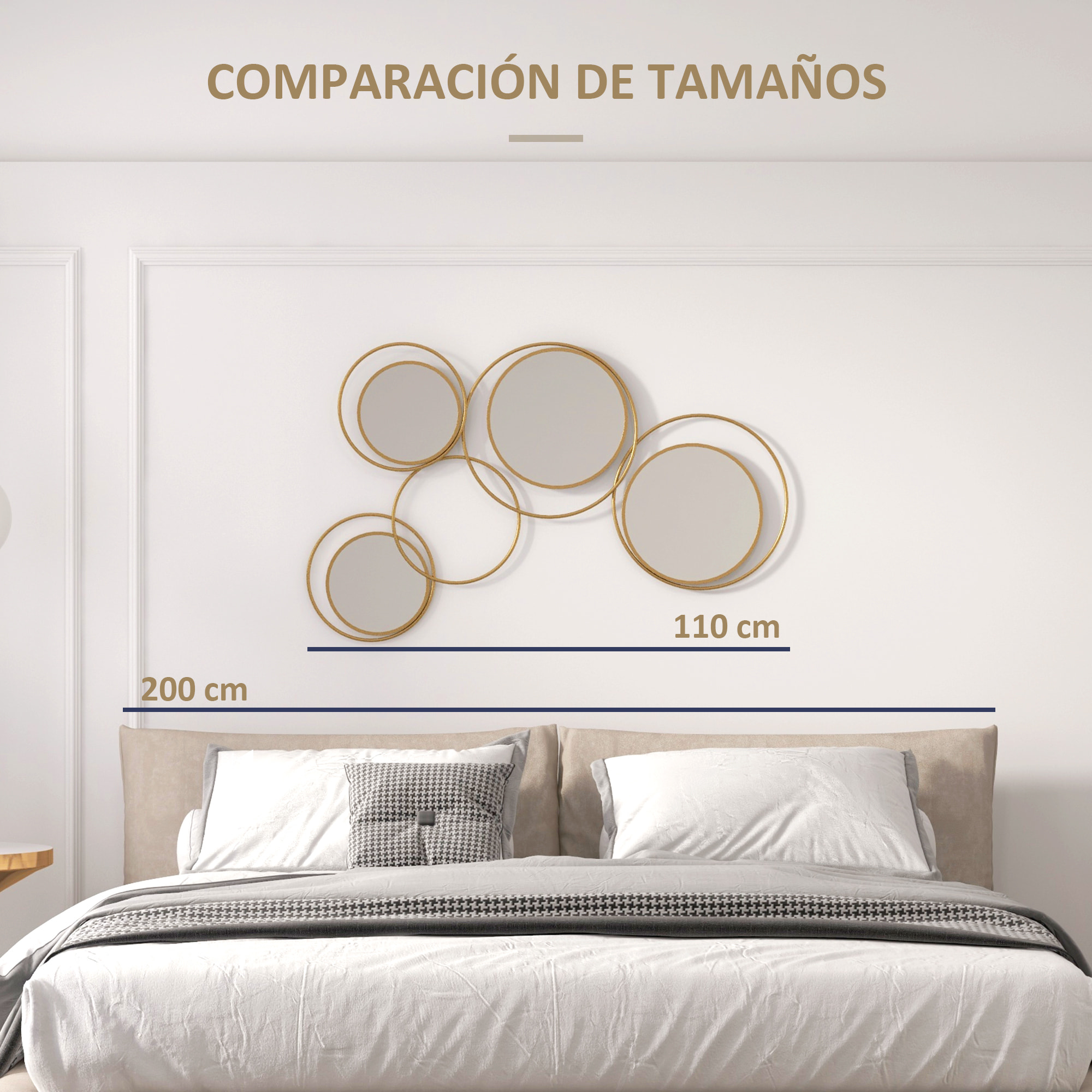 Espejo Decorativo de Pared de Metal 3D Adorno de Pared Metálico con 4 Espejos Redondos para Salón Dormitorio Pasillo 110x68 cm Dorado