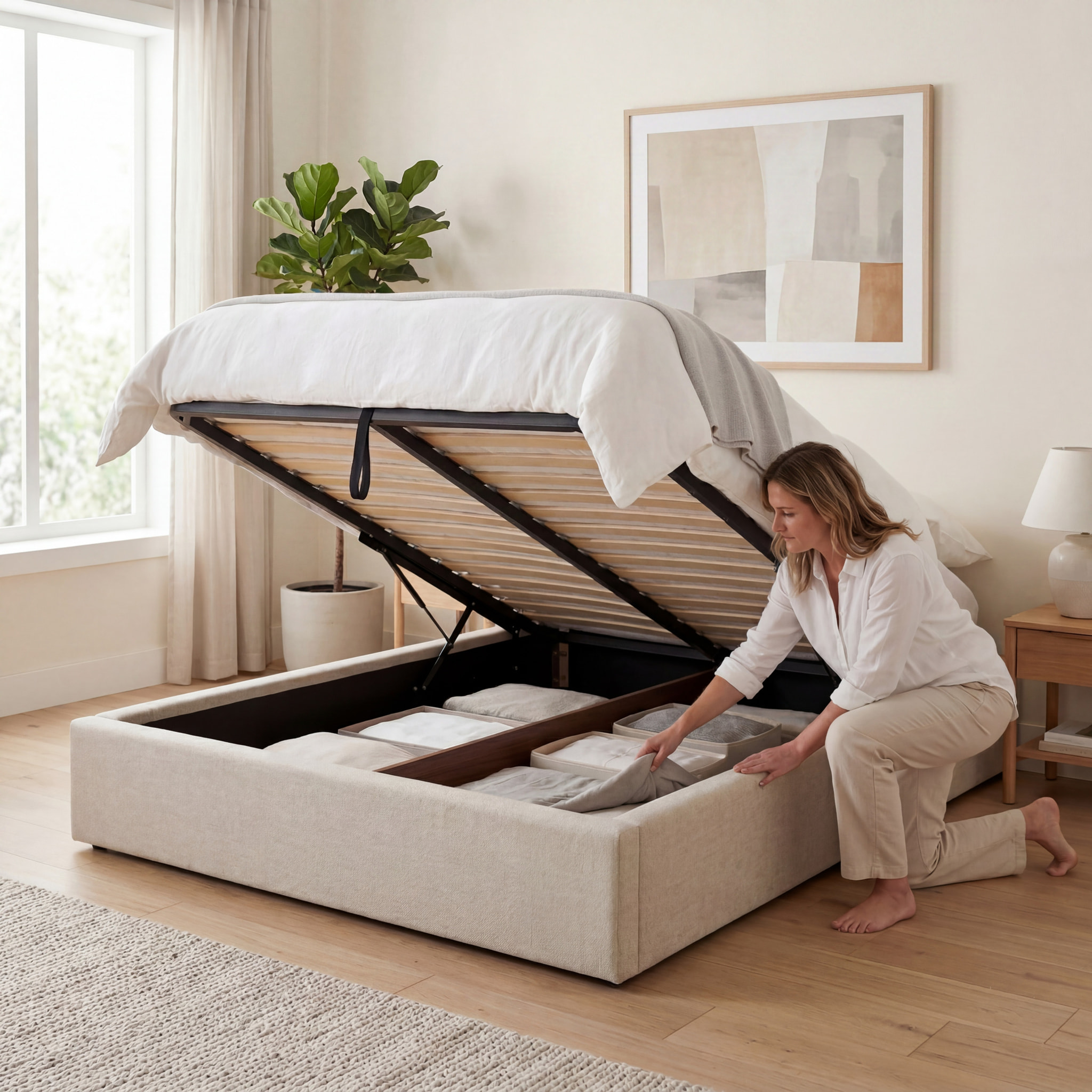 Lit Coffre Atlas en Tissu Beige, Grand espace de rangement, Sommier à Lattes actives, Structure Robuste, Design Moderne
