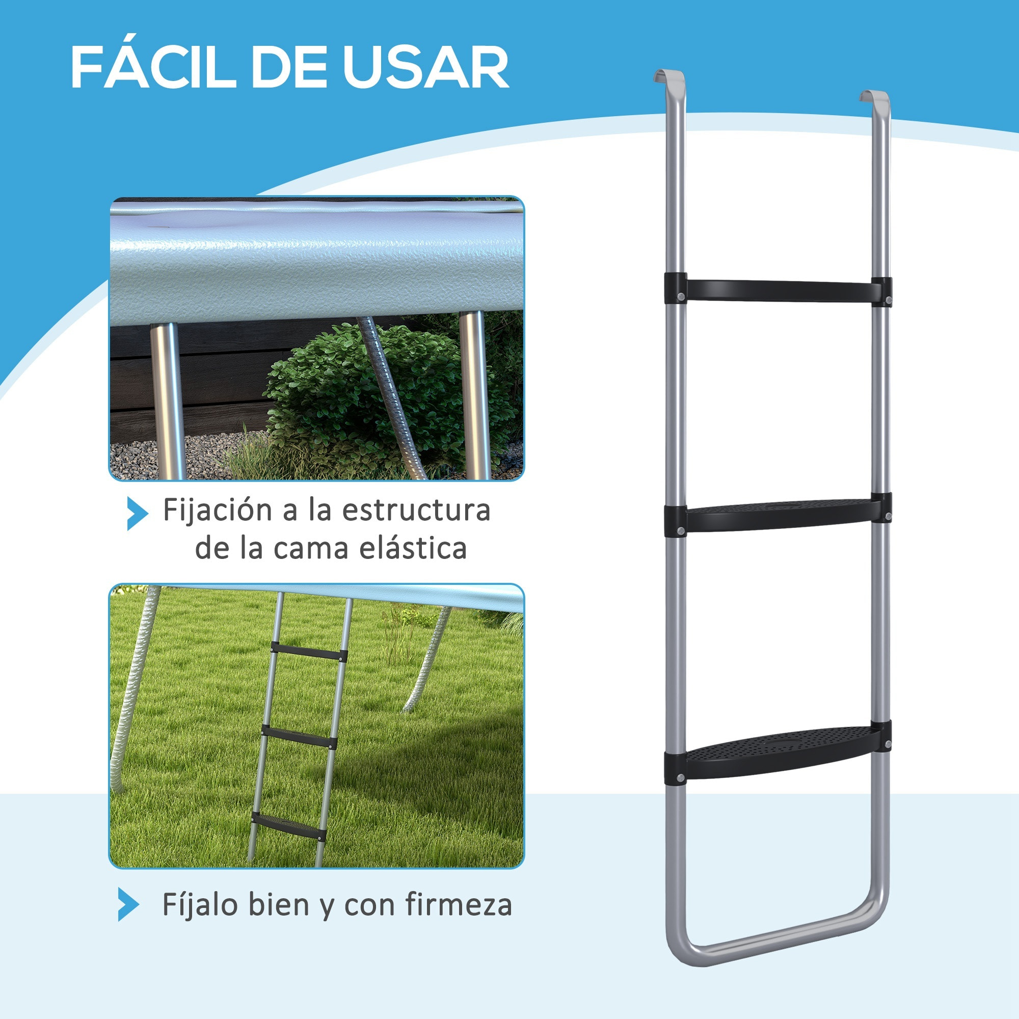 Escalera para Trampolín de Acero Escalera para Cama Elástica de 3 o 2 Escalones con Escalones Anchos y 2 Ganchos Carga 120 kg 110x32 cm Plata