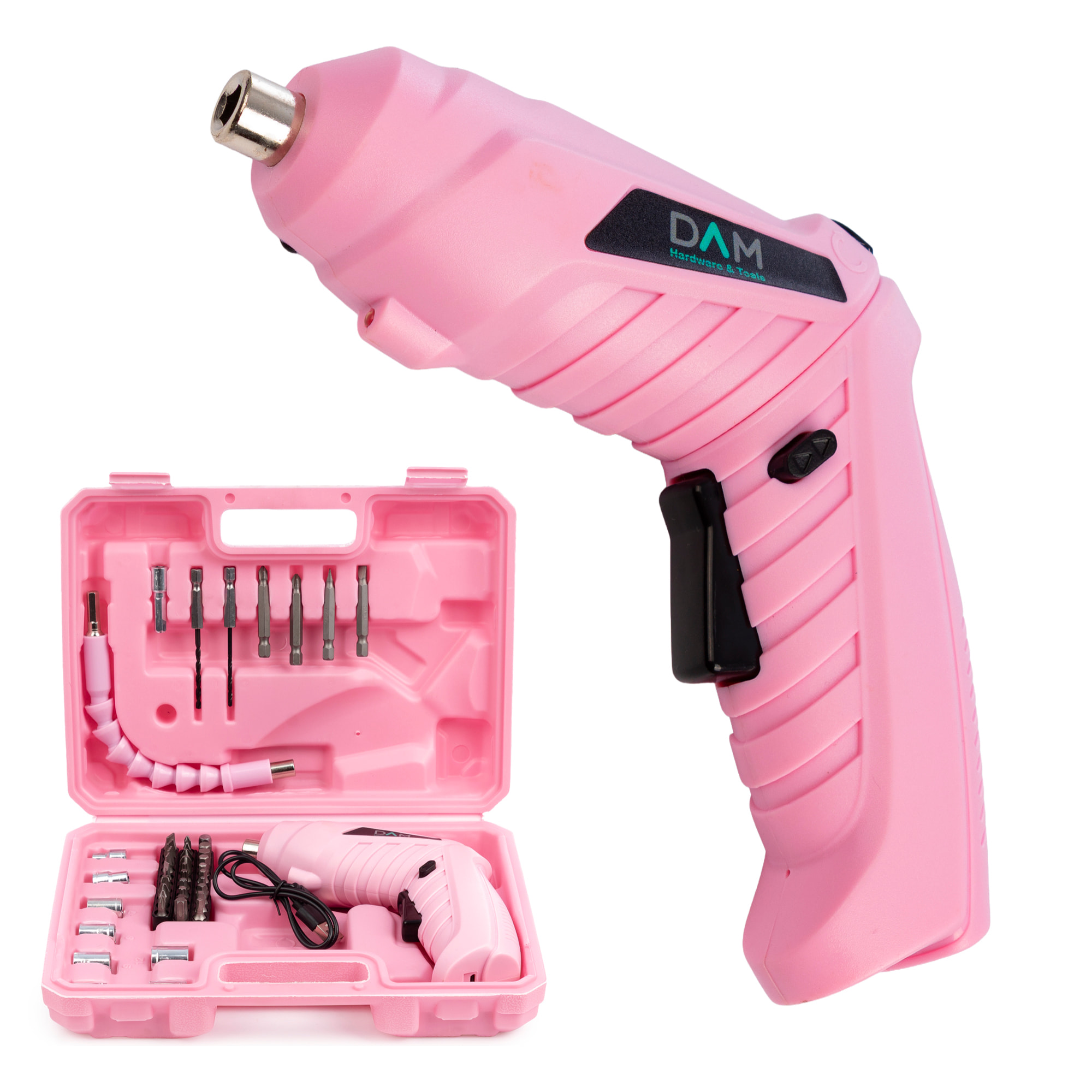 Destornillador eléctrico inalámbrico, con caja de herramientas de 46 accesorios.