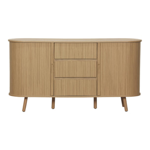 Buffet scandinave ovale 2 portes coulissantes. 4 compartiments. 3 tiroirs. effet bois rainuré. teinte naturelle. L 150 x P 40 x H 79cm