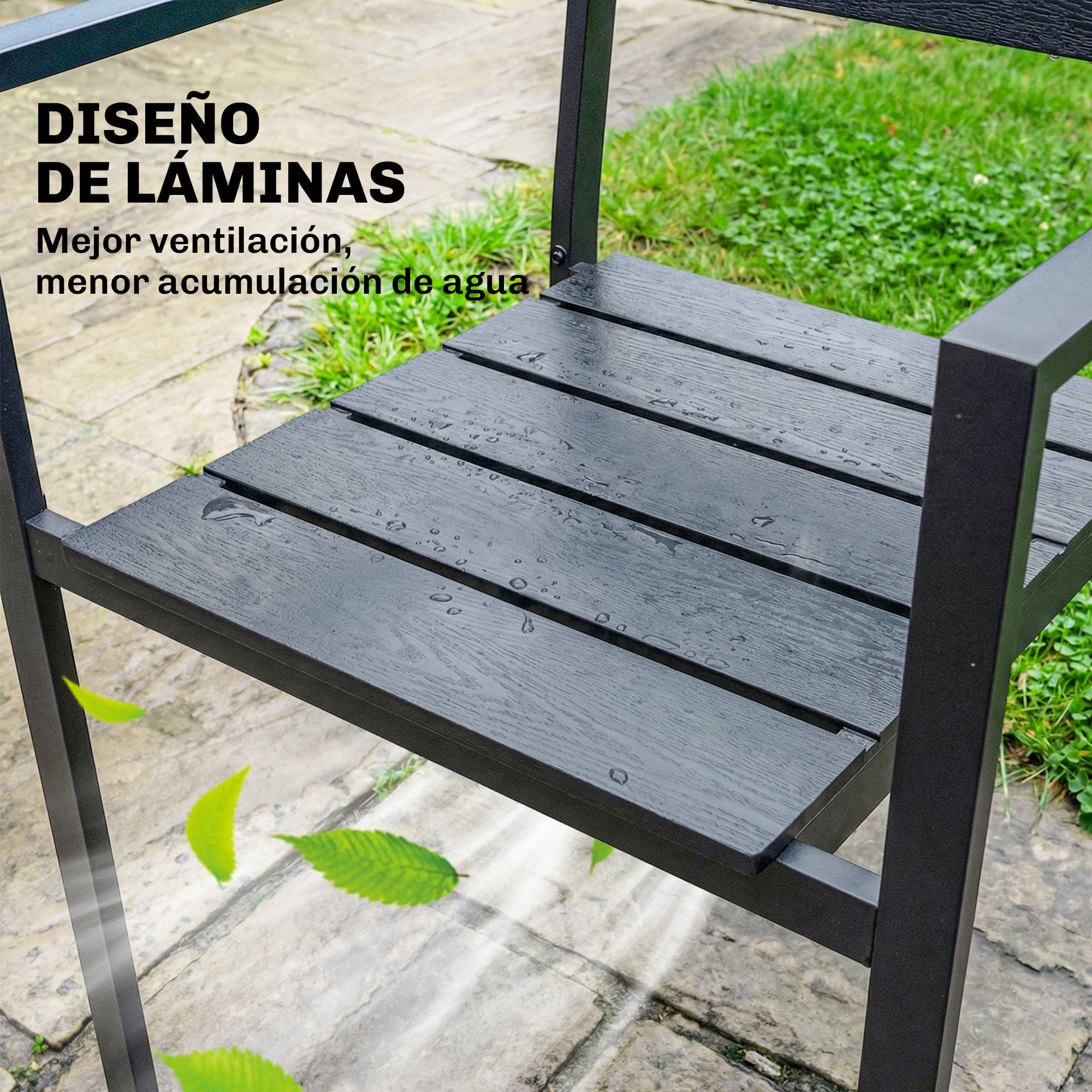 Juego de 4 Sillas de Jardín Exterior Apilables, Sillas Terraza Exterior con Reposabrazos, Asiento y Respaldo de HDPE con Listones, Estructura Metálica Resistente, 52x51x90 cm, Negro