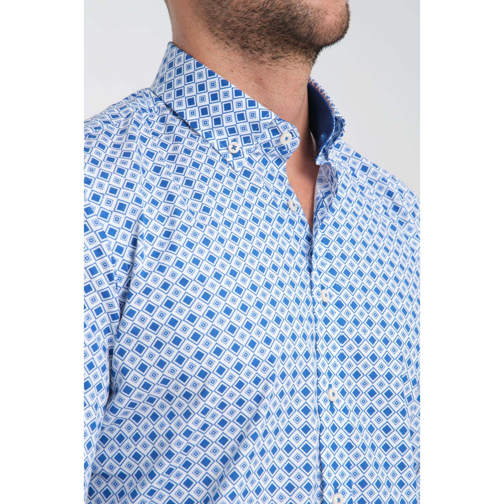camicia uomo 1 bottone button down slim Popeline Stretch Stampato Bianco/Bluette