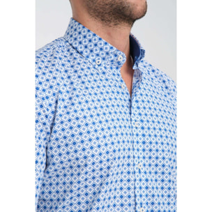 camicia uomo 1 bottone button down slim Popeline Stretch Stampato Bianco/Bluette