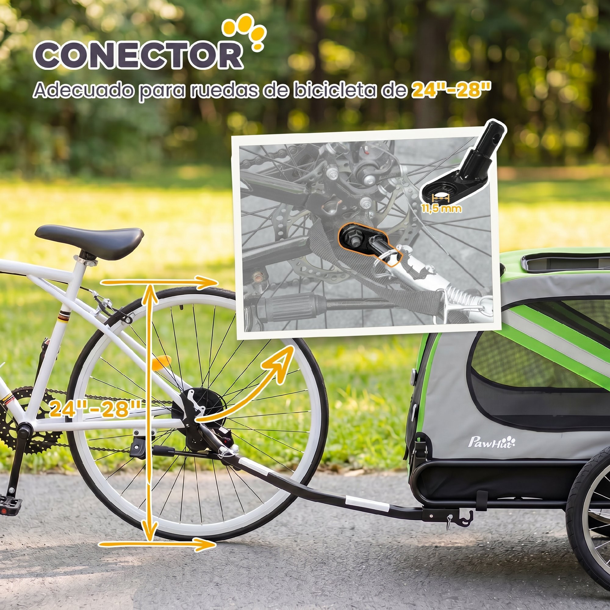 Remolque de Bicicleta para Perros 2 en 1, Carrito para Perros Medianos y Gatos Plegable con Cinturón de Seguridad, Bandera y Reflectores, Carga 20 kg, 134x62x101 cm, Verde