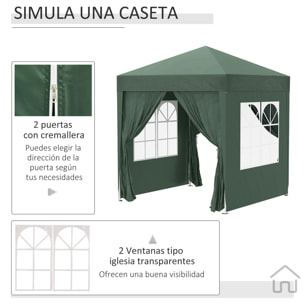 Carpa Plegable 2x2 m Cenador de Jardín con 4 Paredes Laterales Tela Oxford 2 Puertas 2 Ventanas y Bolsa de Transporte para Exterior Terraza Camping Fiestas Verde