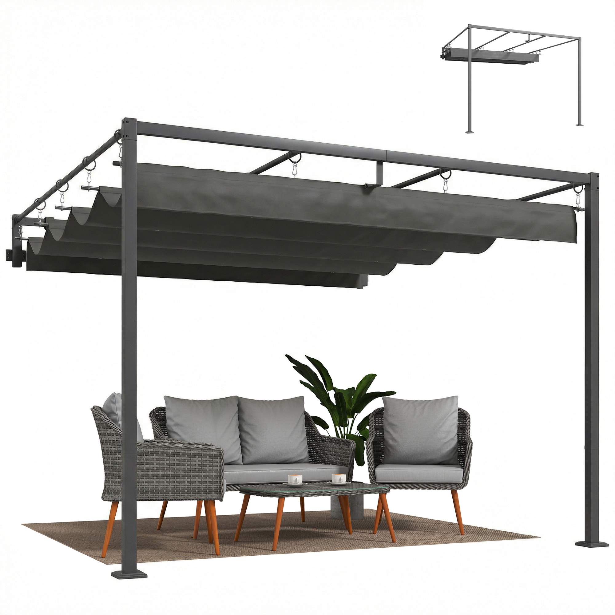 Pérgola de Pared de Jardín 3x3 m, Cenador de Jardín con Techo Retráctil, Protección UPF30+, Orificios de Drenaje y Estructura de Acero, Pabellón para Patio, Terraza, Exterior, Gris Oscuro