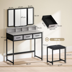 Tocador de Maquillaje con Espejo Tríptico Desmontable, Tocador con Taburete, 3 Cajones de Tela, Estantes, Soporte para Secador de Pelo, Cesta Metálica, para Dormitorio, Vestidor, Gris