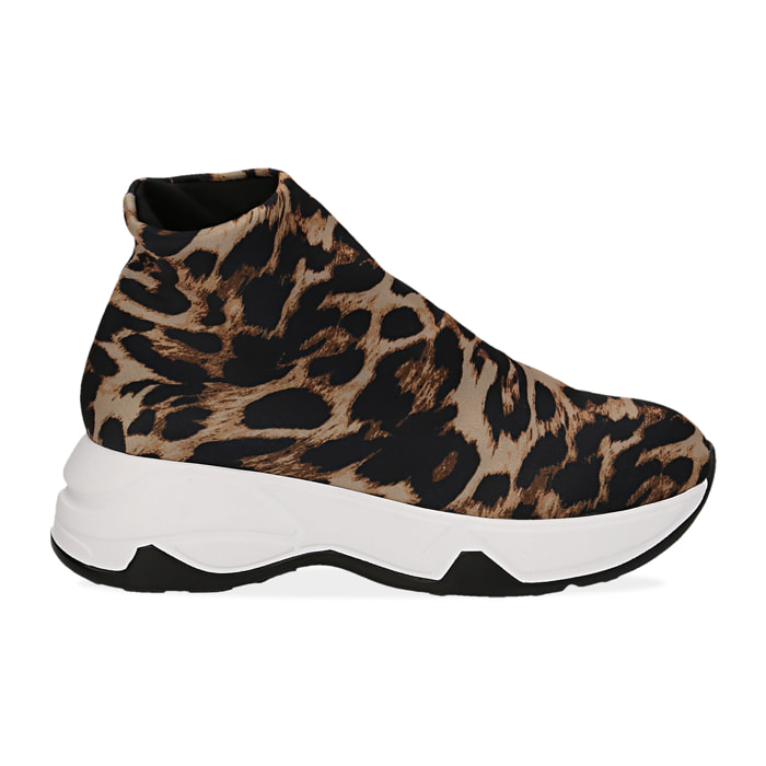 Sneakers a calza leopard in lycra, zeppa 5 cm