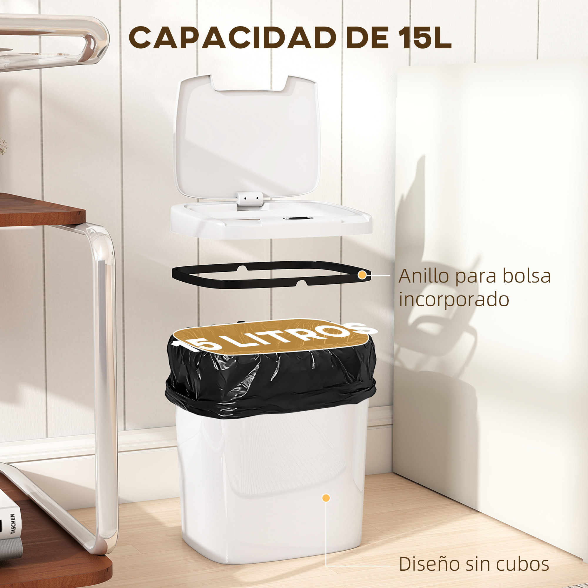 Cubo de Basura Cocina Automático 15 L, Papelera de Cocina con Sensor Infrarrojo y Modo Manual, Anillo de Retención, Antihuellas, para Oficina, Hogar, Blanco