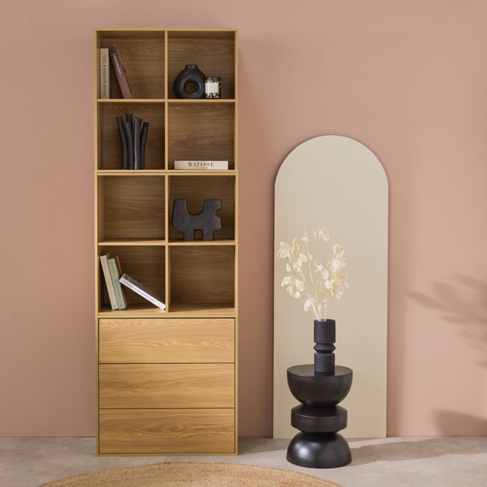 Etagère. bibliothèque modulable décor bois chêne 3 éléments - 3 tiroirs 8 niches L 70 x P 35 x H 210cm - Kompo