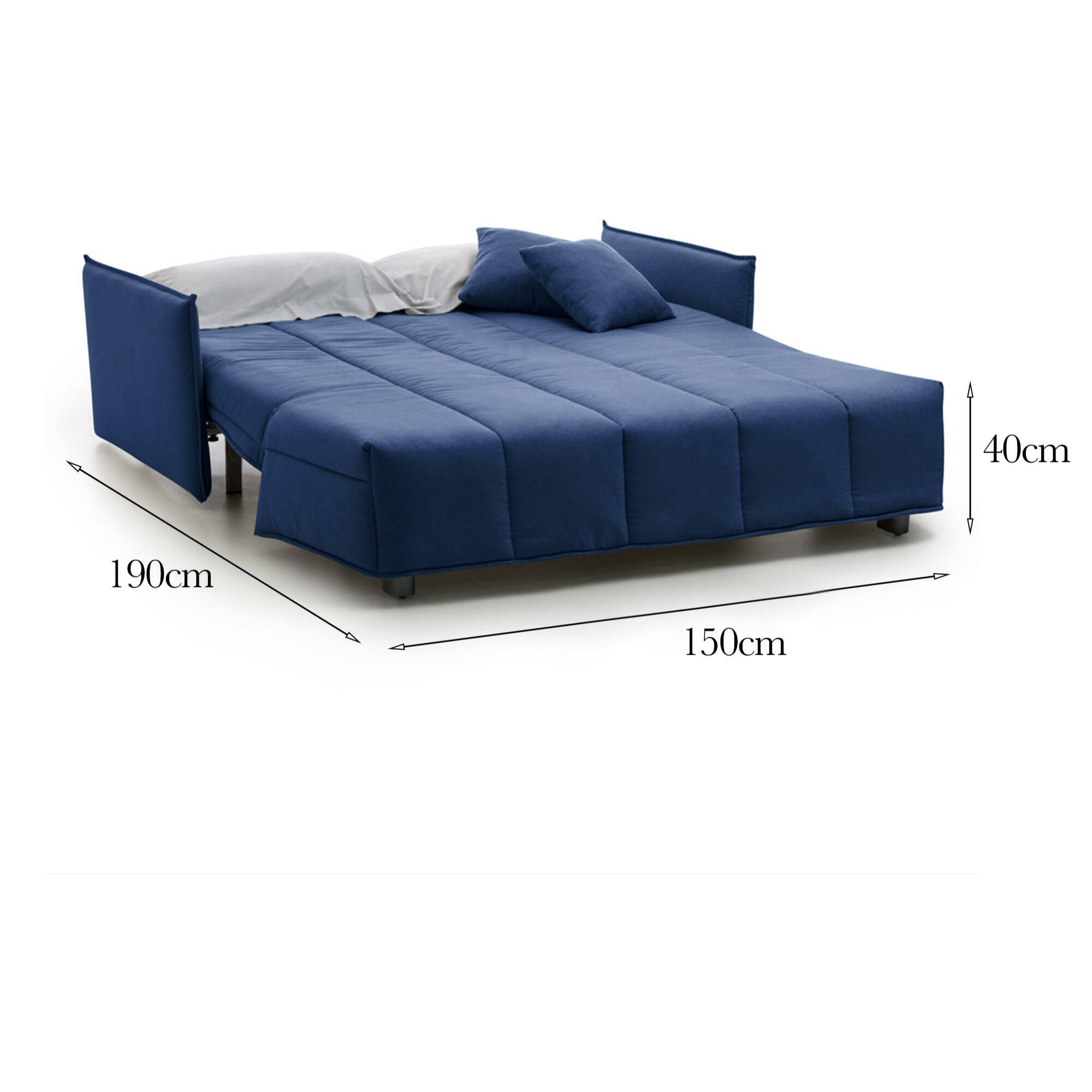 Divano letto 2 posti Alaric, Sofà con apertura a carrello in tessuto imbottito, Braccioli standard, 100% Made in Italy, Cm 150x90h85, Blu