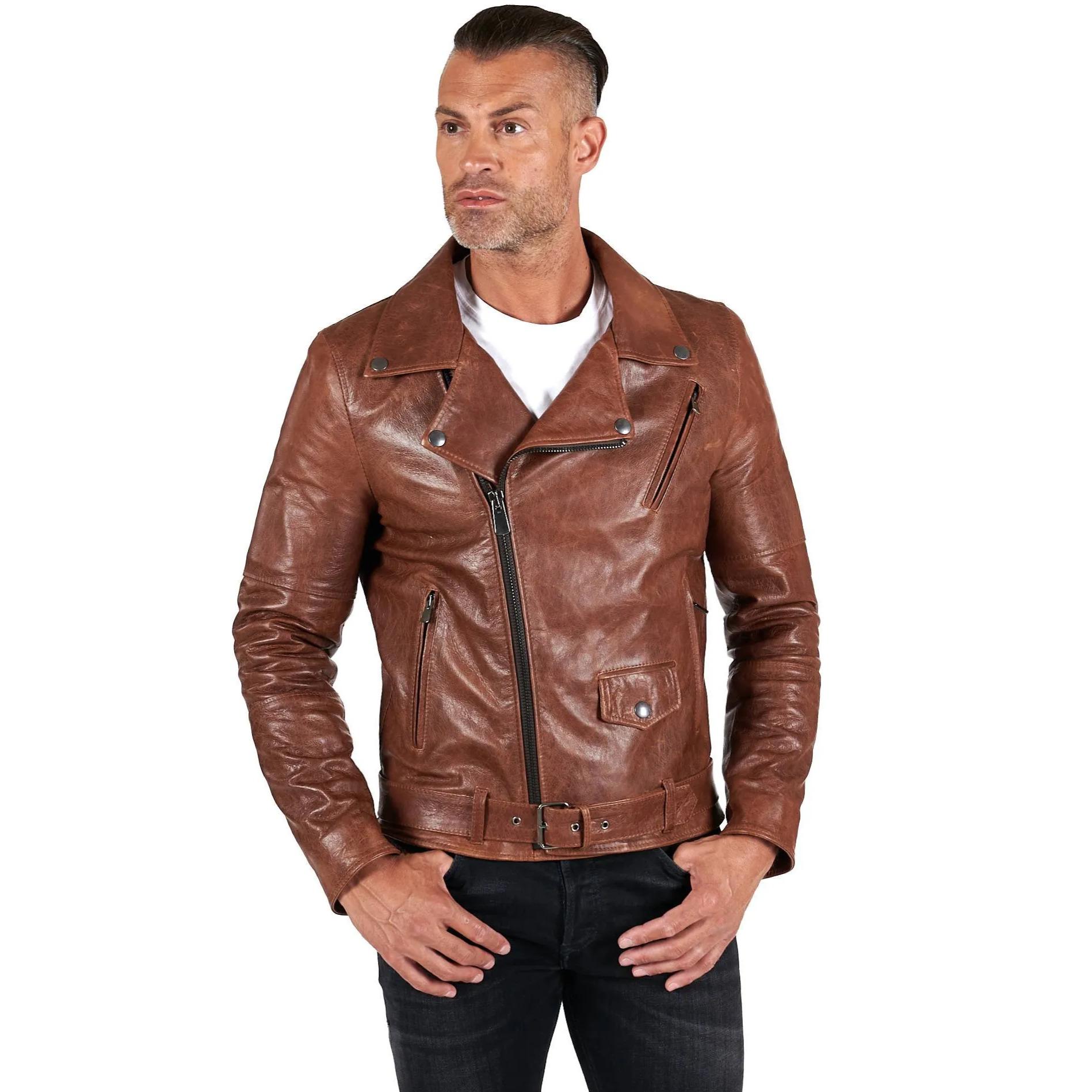 Chiodo biker in pelle cuoio con cintura effetto vintage