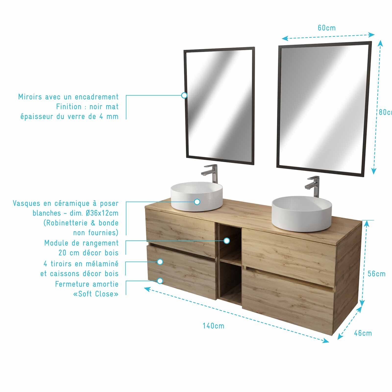 Meuble Salle de Bains 140 TIMBER Décor Chêne 4 Tiroirs et Module 2 Vasques Blanches 2 Miroirs 60x80