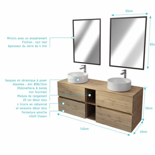 Meuble Salle de Bains 140 TIMBER Décor Chêne 4 Tiroirs et Module 2 Vasques Blanches 2 Miroirs 60x80