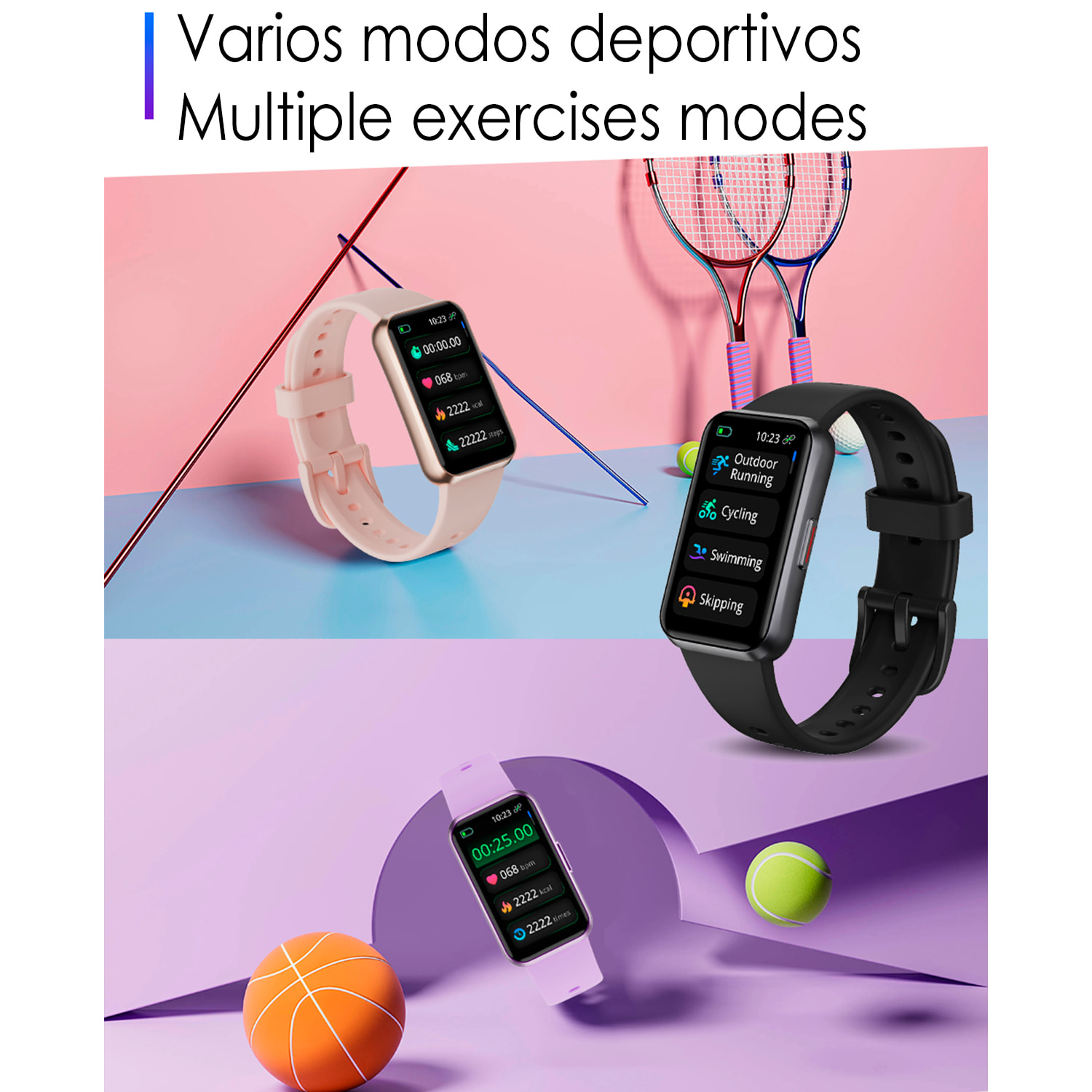 Braccialetto intelligente T54B con monitor della pressione e O2. Vari modelli sportivi, notifiche delle app.