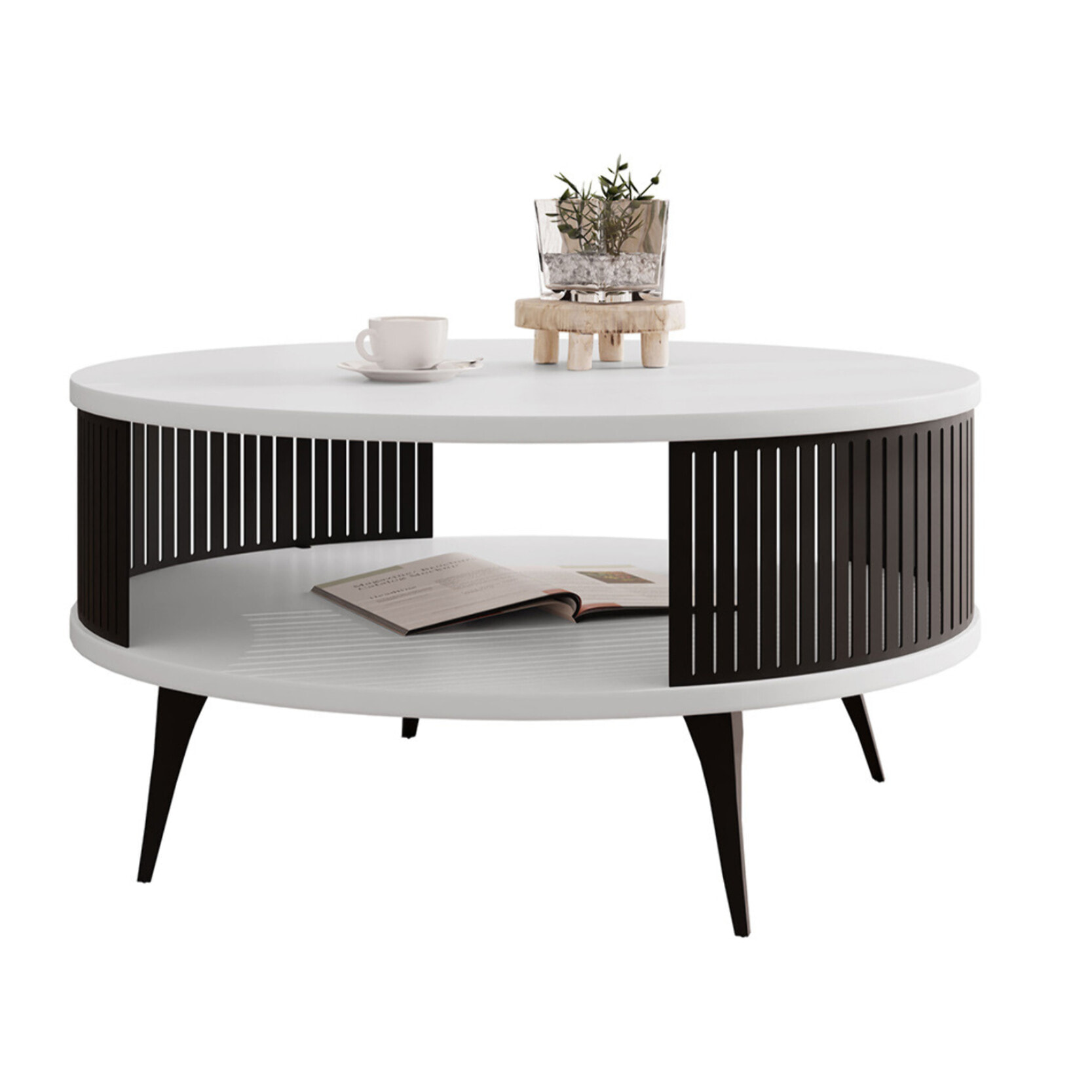 Forini - table basse ronde - blanc et noir - 1 niche - 75 cm - Blanc / Noir