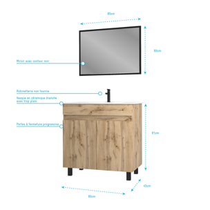Meuble salle de bain 80x80 - Finition chene naturel + vasque blanche + miroir - TIMBER 80 - Pack25