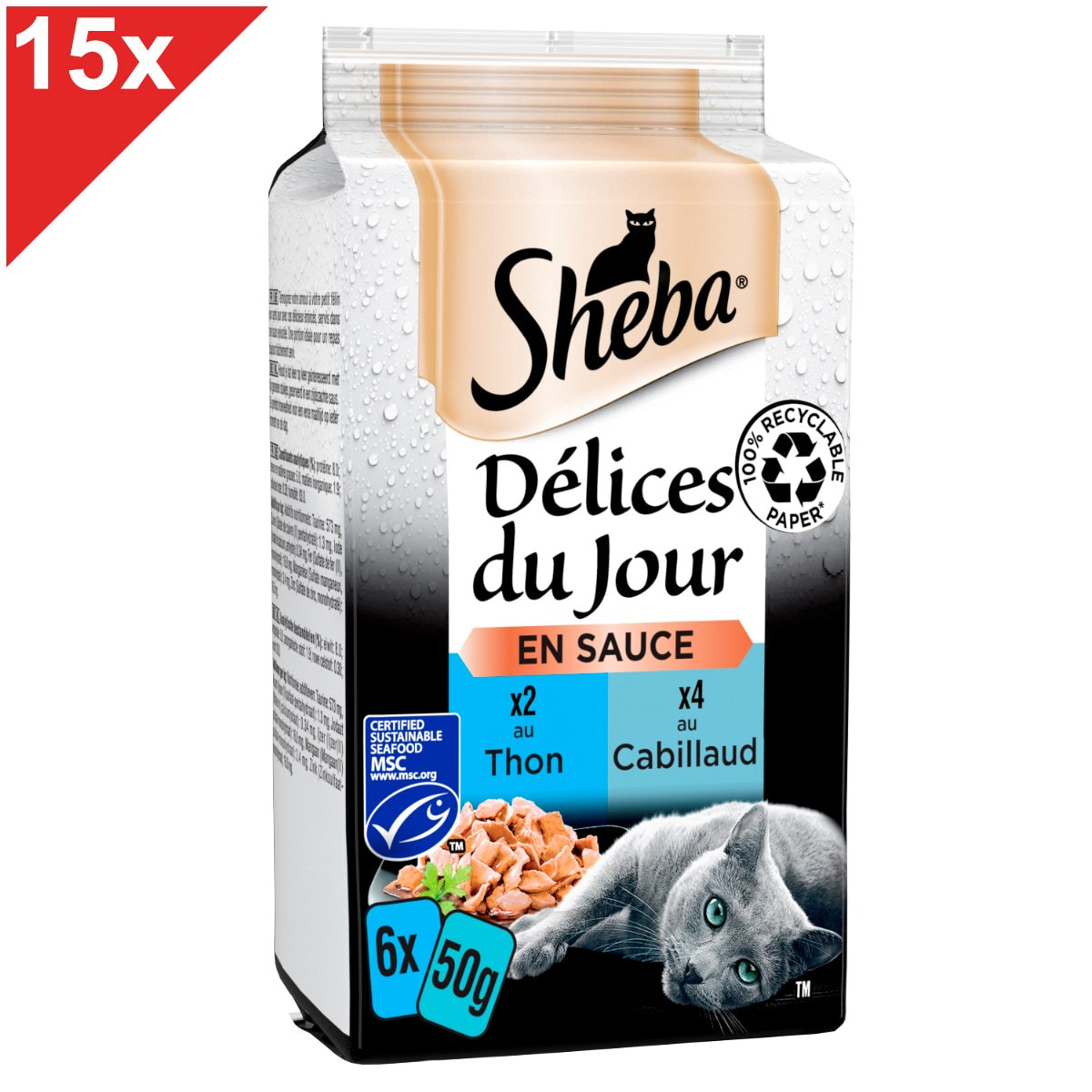 SHEBA Délices du Jour 90 Sachets thon cabillaud en sauce pour chat 50g (15x6)