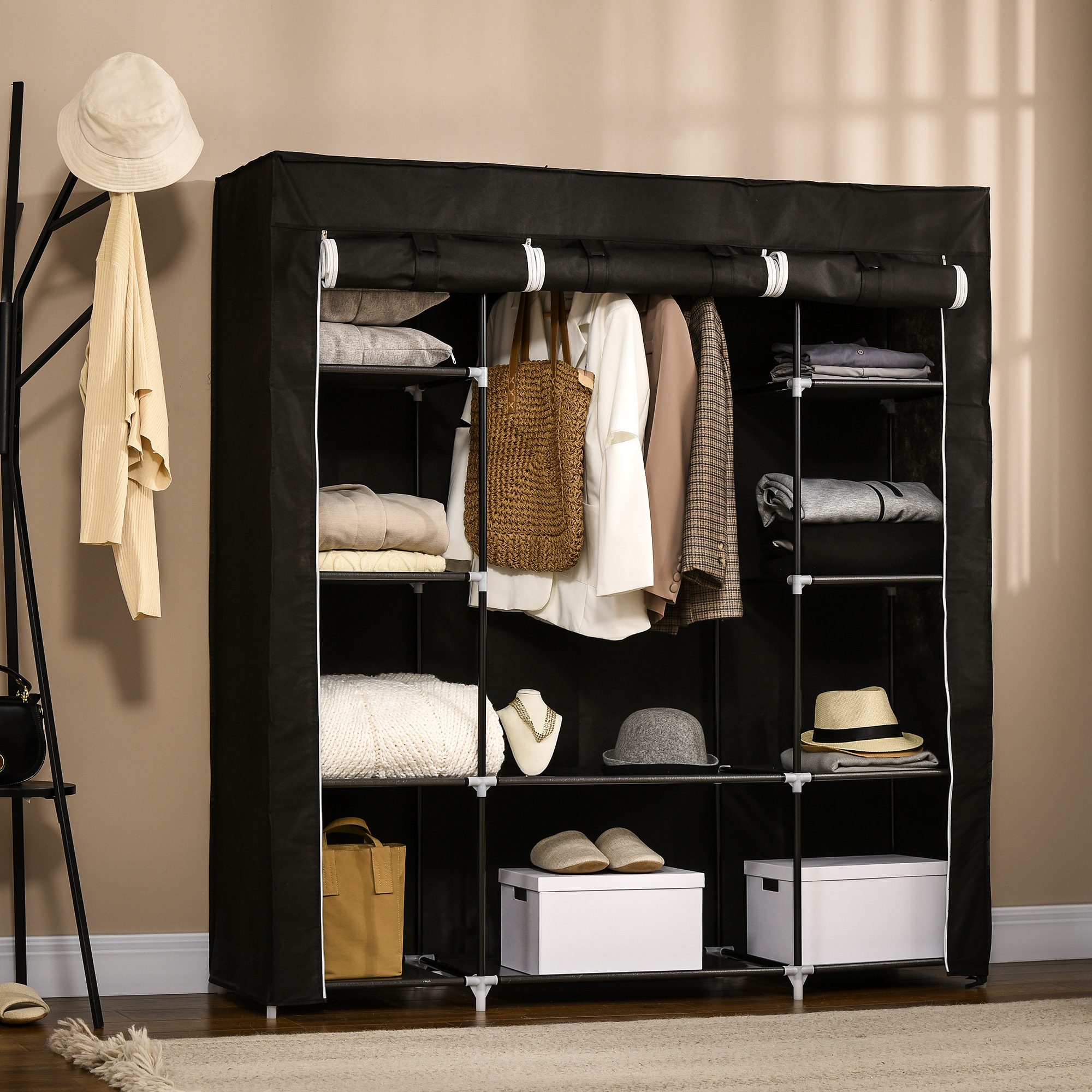 Armoire penderie toile - armoire tissu - 10 étagères, tringle - dim. 150 x 43 x 162,5 cm - noir