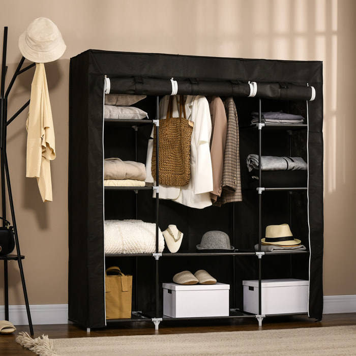 Armoire penderie toile - armoire tissu - 10 étagères, tringle - dim. 150 x 43 x 162,5 cm - noir