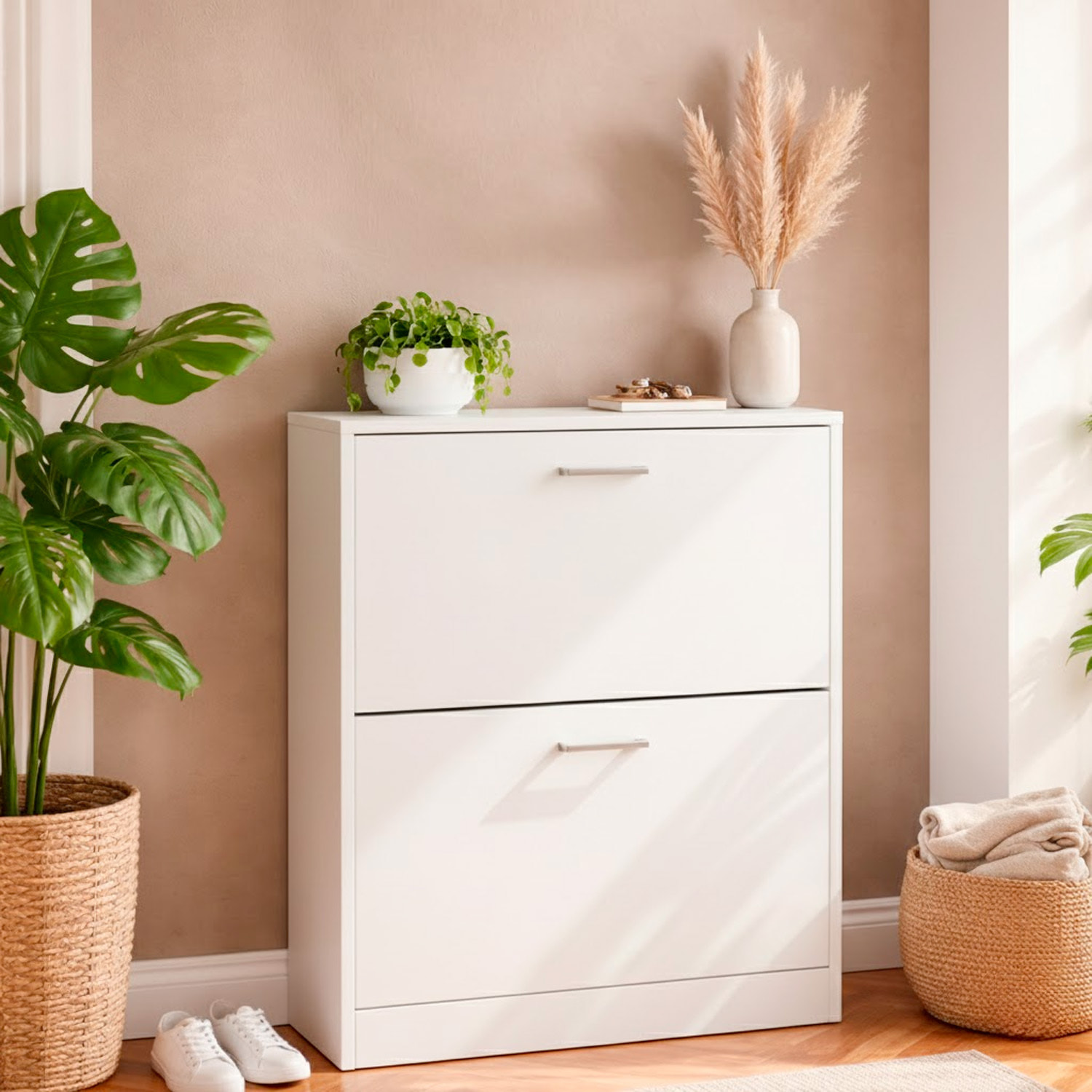 Scarpiera A 2 Ribalte Salvaspazio Con Doppia Profondità Mobile Portascarpe Per Ingresso Corridoio Contiene 12 Paia Di Scarpe 76 x 50 x 22 Cm Bianco