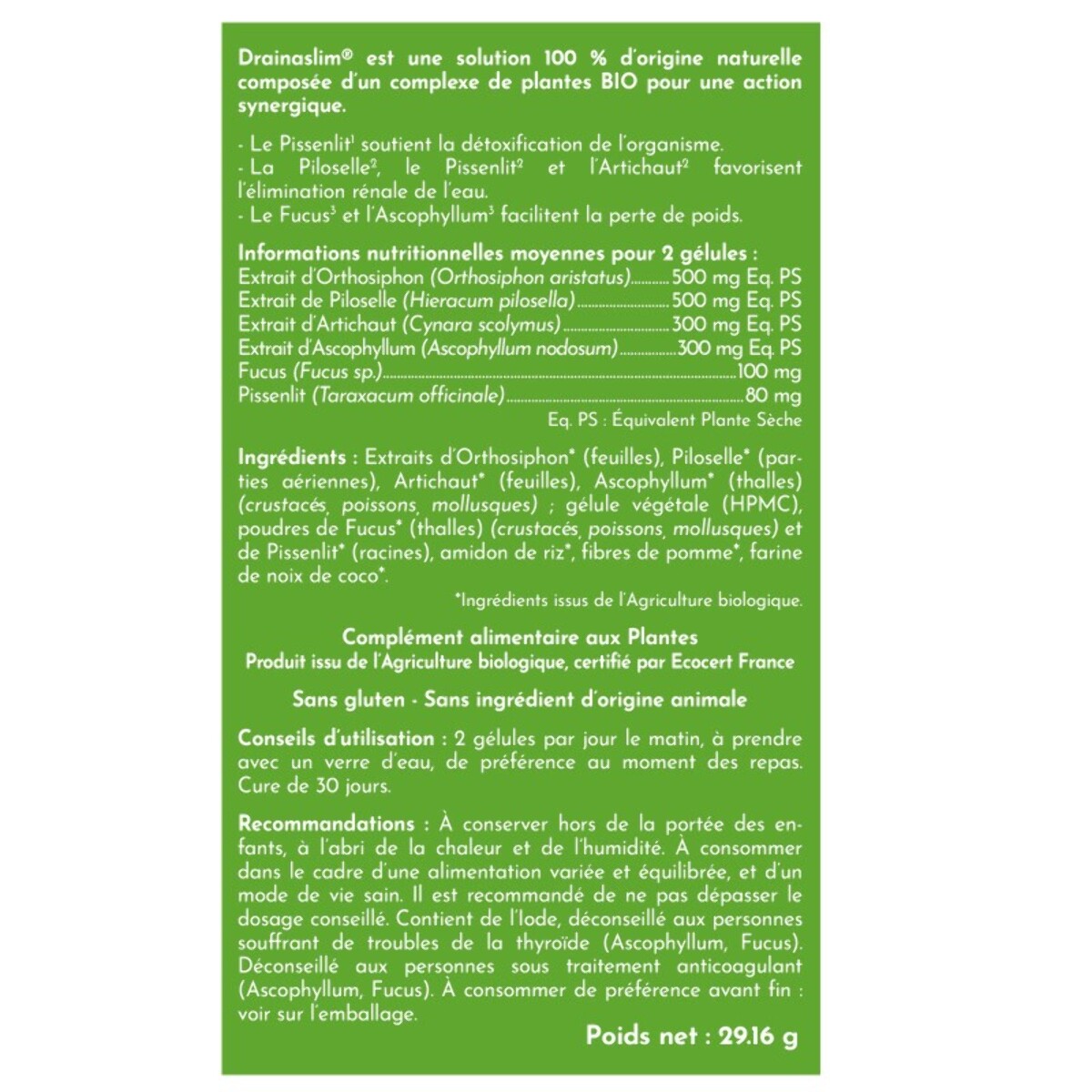 NATURFIT - Drainaslim - Complément alimentaire aux extraits de plantes BIO - Aide à drainer, détoxifier et faciliter la perte de poids - Sans gluten- Cure 30 jours - 60 gélules