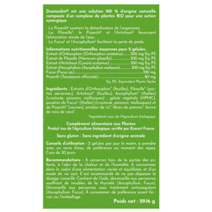 NATURFIT - Drainaslim - Complément alimentaire aux extraits de plantes BIO - Aide à drainer, détoxifier et faciliter la perte de poids - Sans gluten- Cure 30 jours - 60 gélules