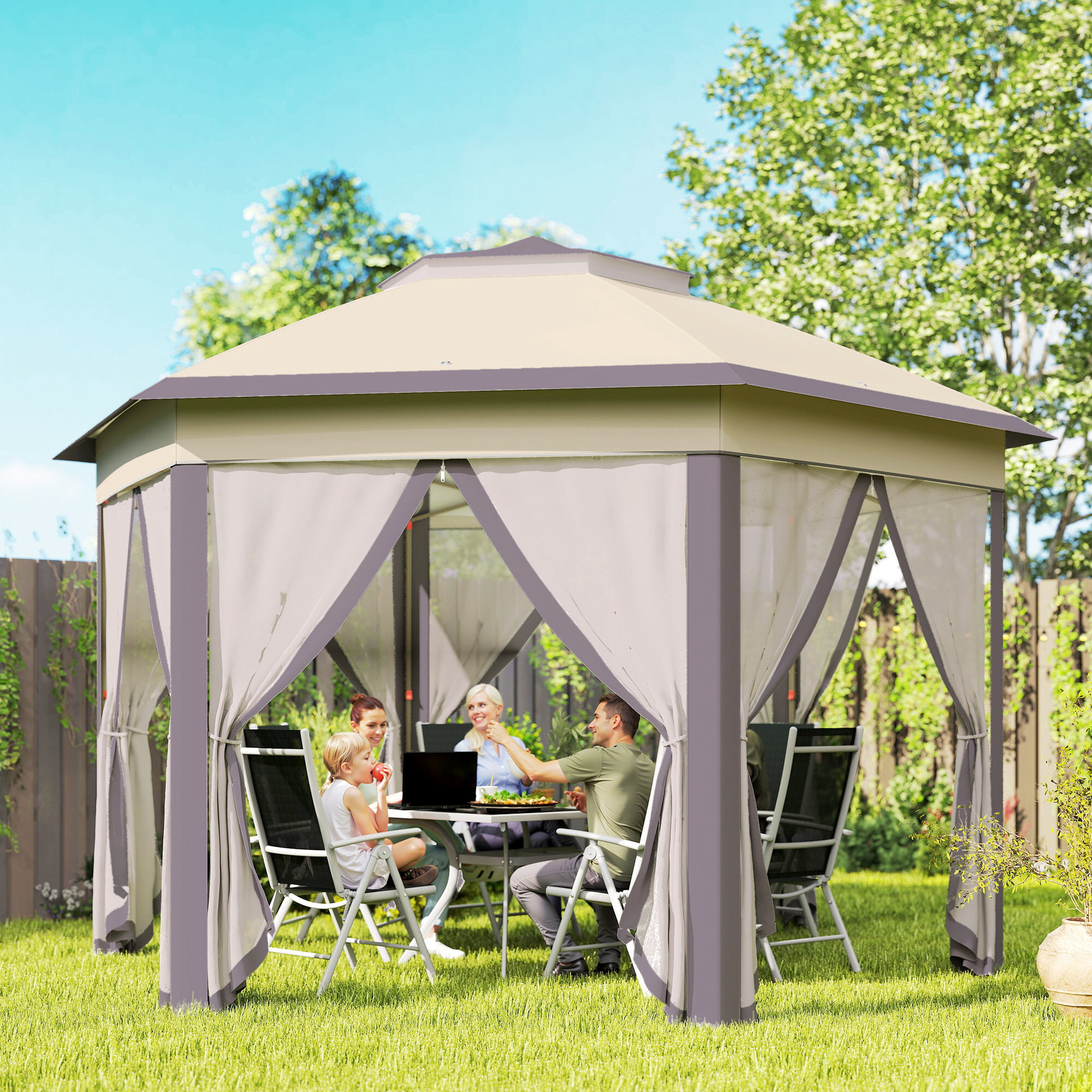 Carpa Plegable 4x3,4 m, Cenador de Jardín Hexagonal con Doble Techo, 6 Mosquiteras Extraíbles y Bolsa de Transporte, Impermeable, Anti-UV para Exterior, Fiestas, Marrón y Beige