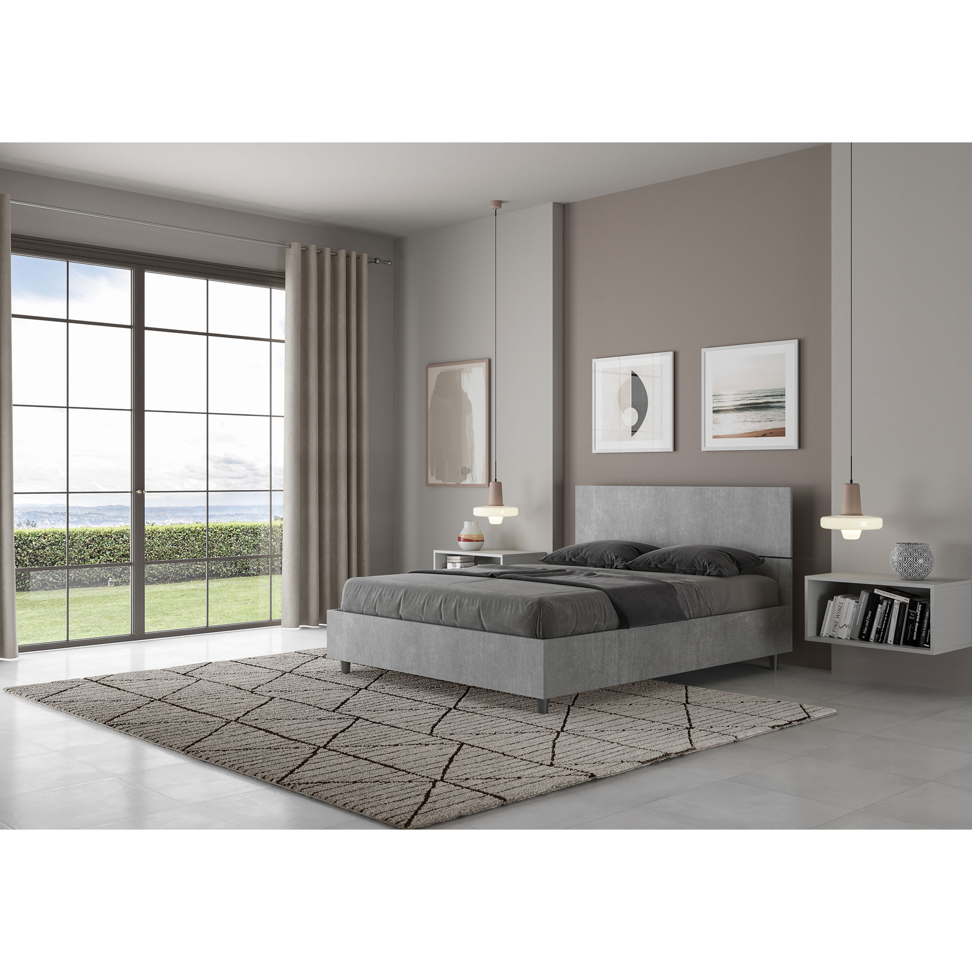 Lit double avec sommier 140x200 tête de lit droite gris béton Demas