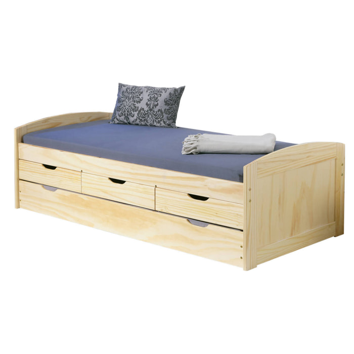 Letto con secondo letto estraibile e cassetti, 98 x 205 x 63, Rovere