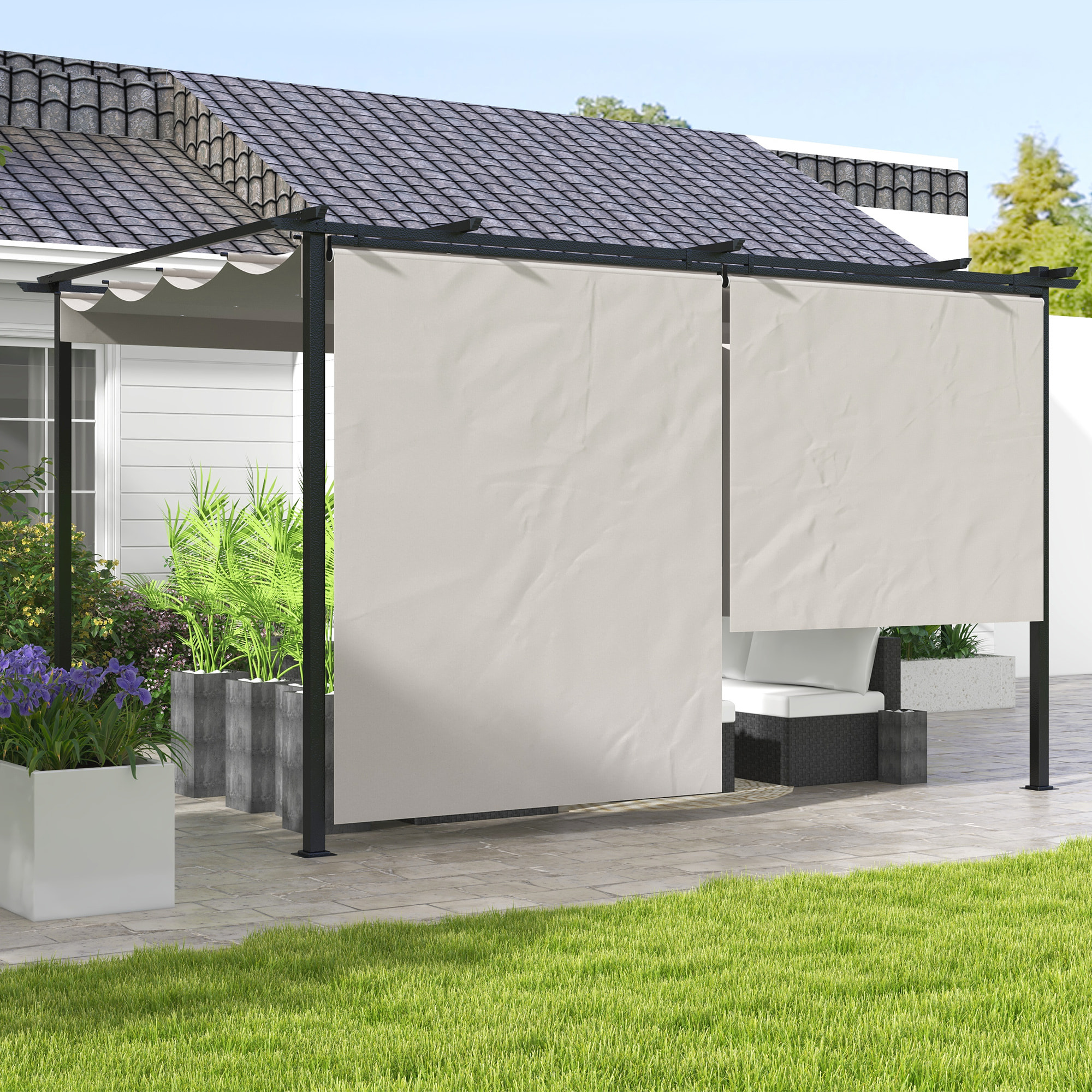 Pérgola de Jardín 4x3 m Cenador para Exterior con Techo Retráctil 4 Cortinas Enrollables de Poliéster y Marco de Metal para Patio Terraza Crema