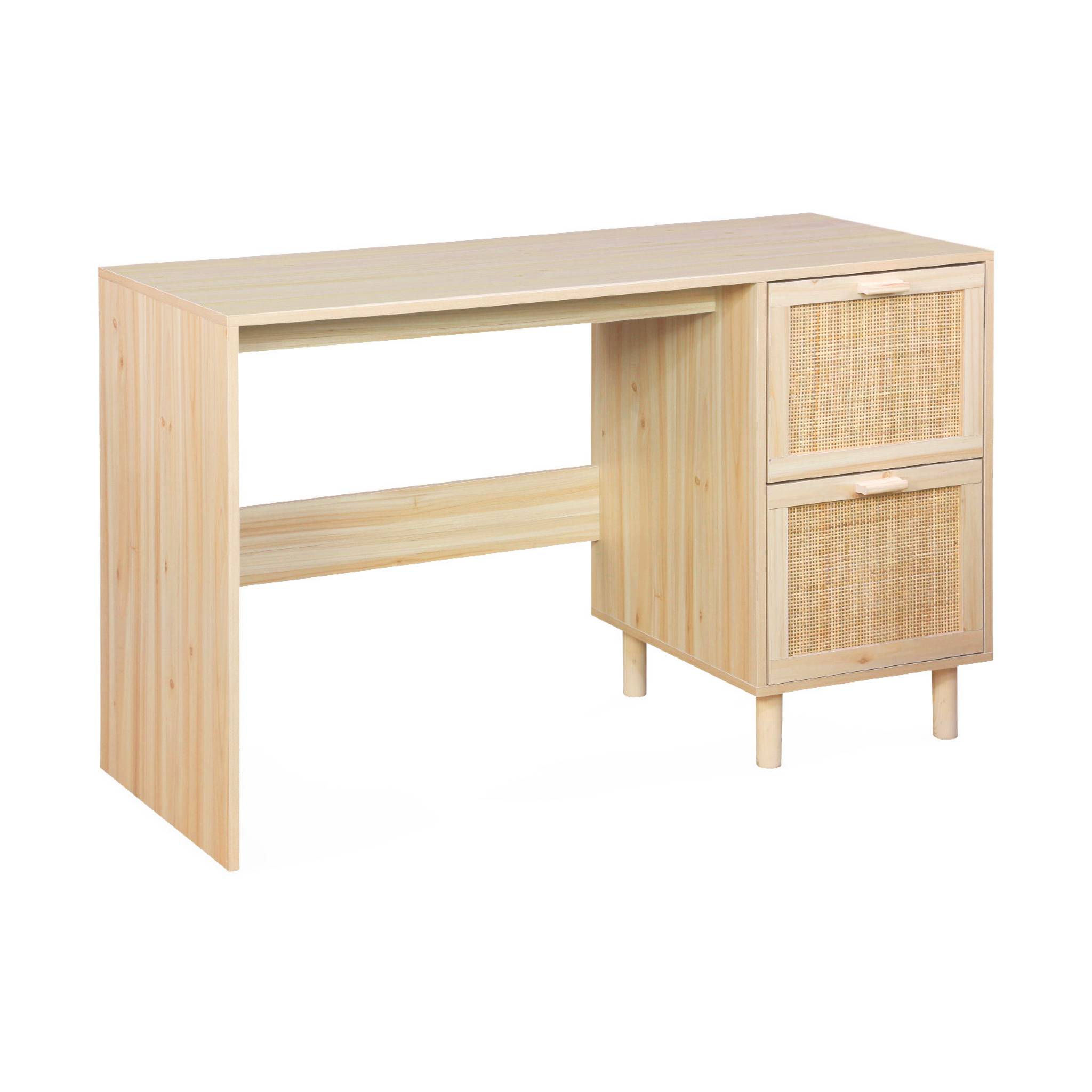 Bureau décor bois et cannage - Camargue - 120cm. 2 tiroirs