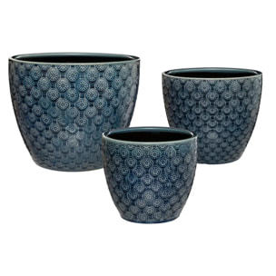 Set de 3 pots - "Fleurs" - céramique - bleu