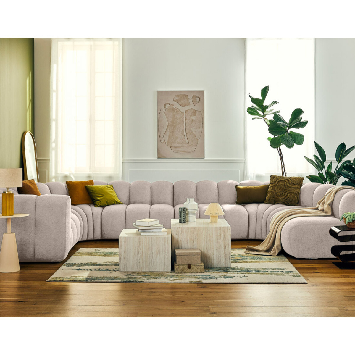 Debbie - canapé modulable panoramique d'angle droit 7 places en tissu texturé - Beige