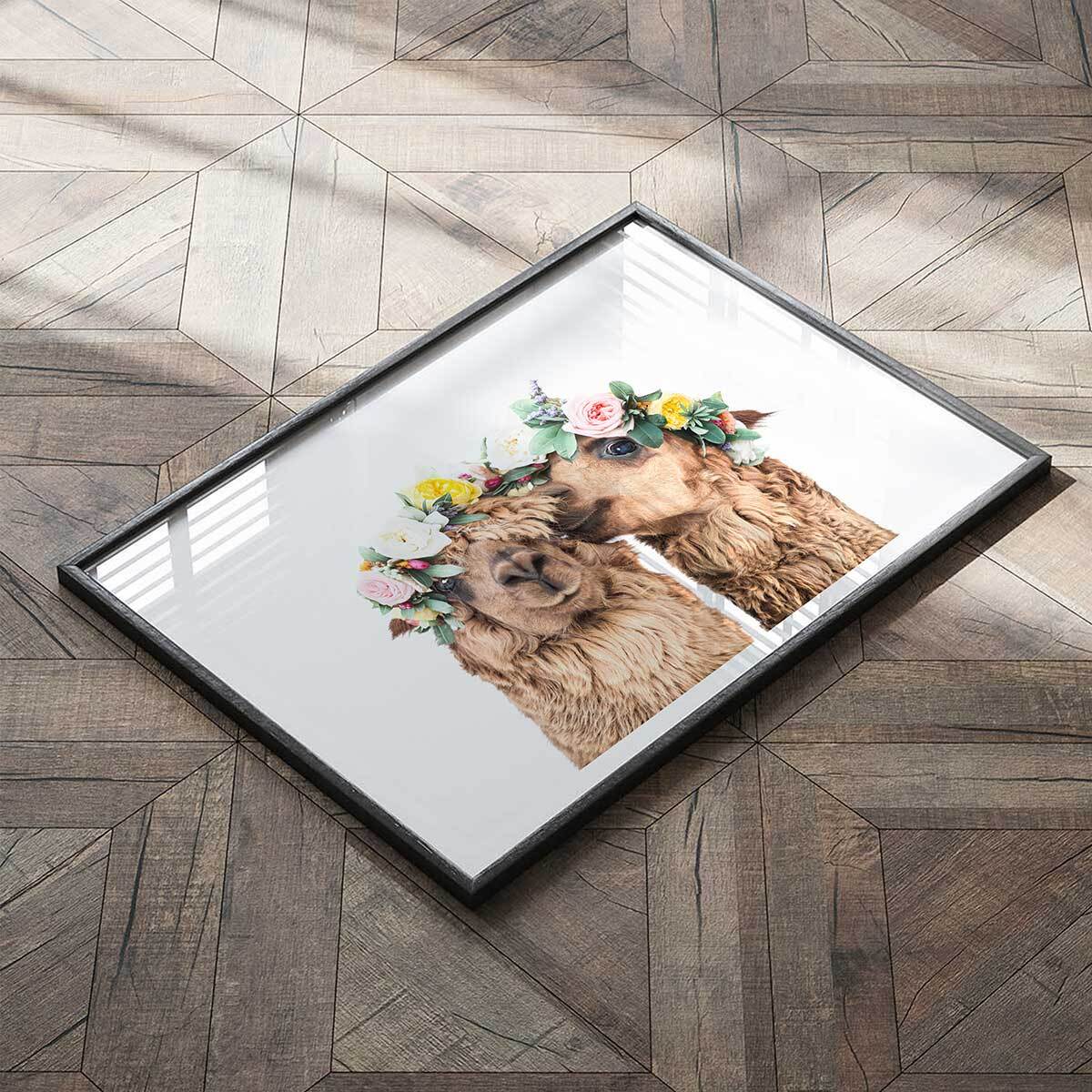 Affiche enfant alpagas bohèmes  Affiche + cadre en bois - Noir