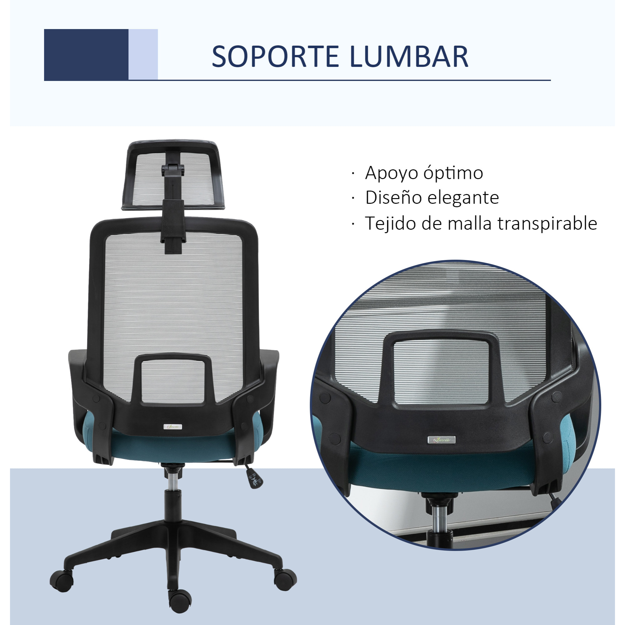 Vinsetto Silla de Oficina Ergonómica Silla Escritorio Giratoria con Altura Ajustable Soporte Lumbar Reposabrazos y Reposacabezas Regulable Malla Transpirable 63,5x63x116,5-125,5 cm Azul y Gris